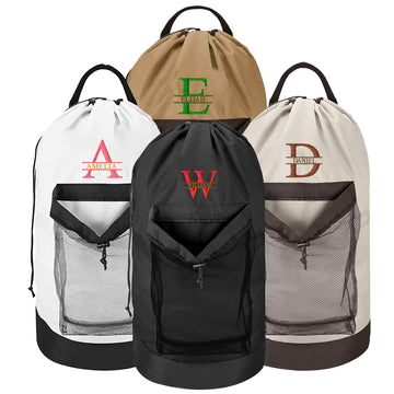 Split Monogram Embroidered Laundry Bag with Adjustable Strap and Mesh Pocket - for College & Travel