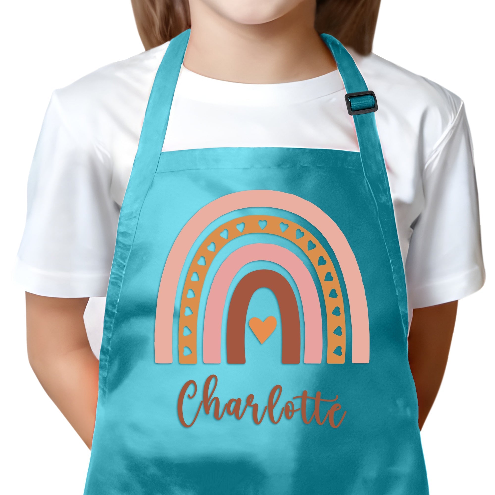 Personalized Kids Blue Apron Rainbow BOHO Design with Custom Name - Custom Children's Cooking Little Helper Kitchen Apron - Unisex Baking Blue Apron for Boys and Girls