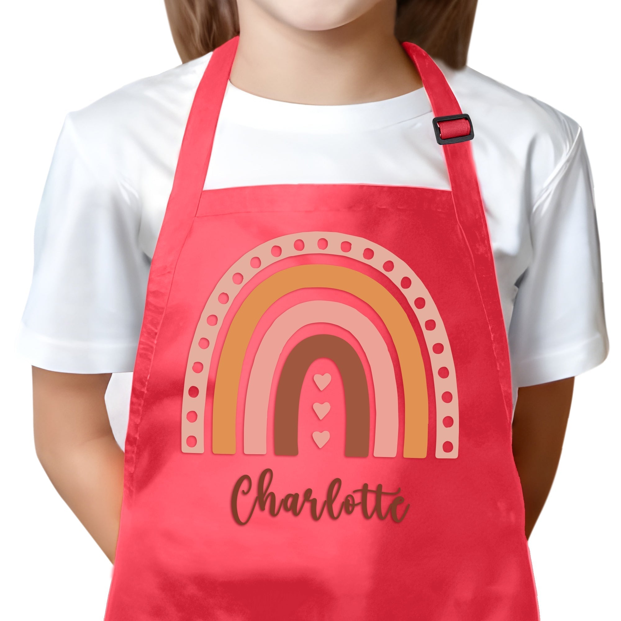 Personalized Kids Pink Apron Rainbow BOHO Design with Custom Name - Custom Children's Cooking Little Helper Kitchen Apron - Unisex Baking Pink Apron for Boys and Girls