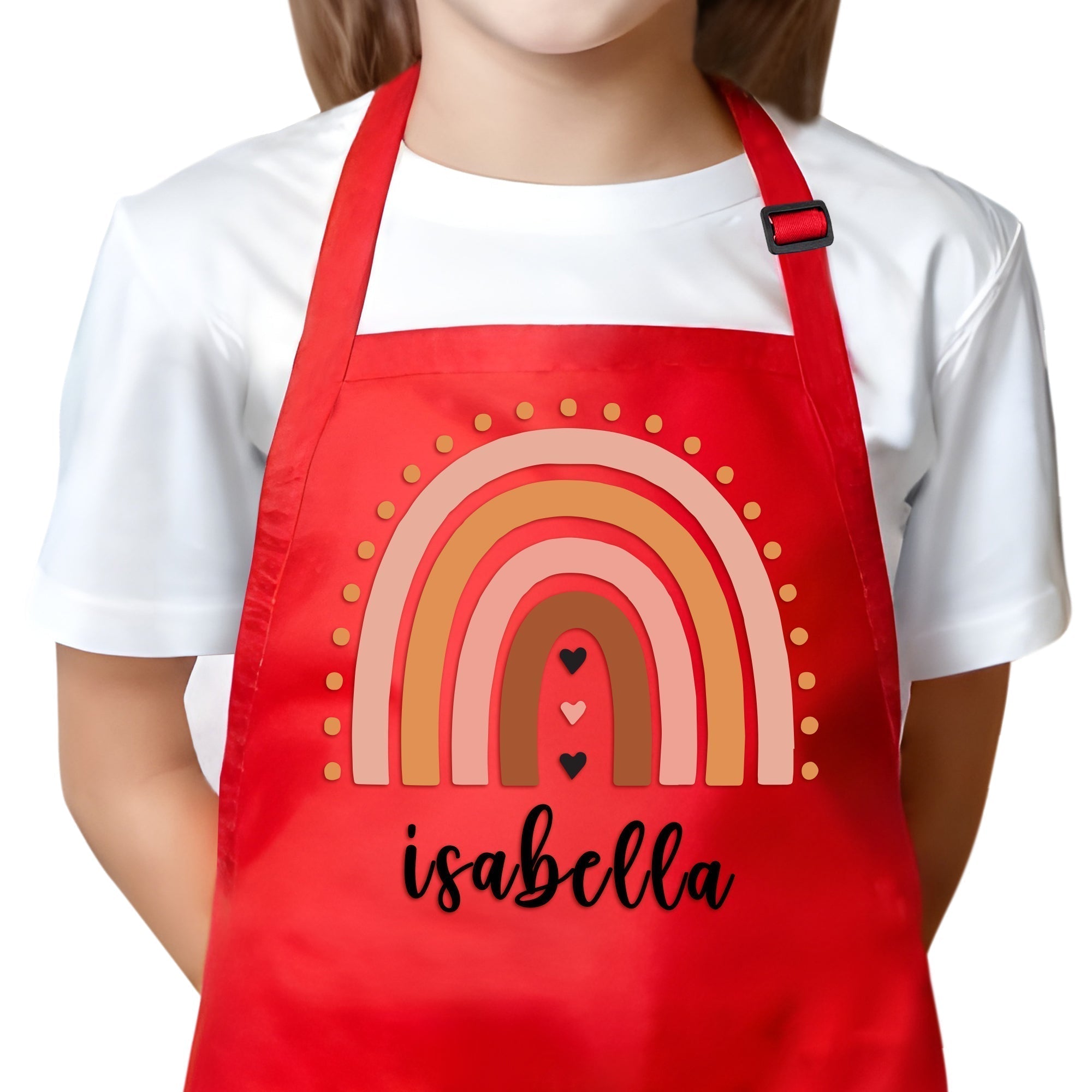Personalized Kids Red Apron Rainbow BOHO Design with Custom Name - Custom Children's Cooking Little Helper Kitchen Apron - Unisex Baking Red Apron for Boys and Girls